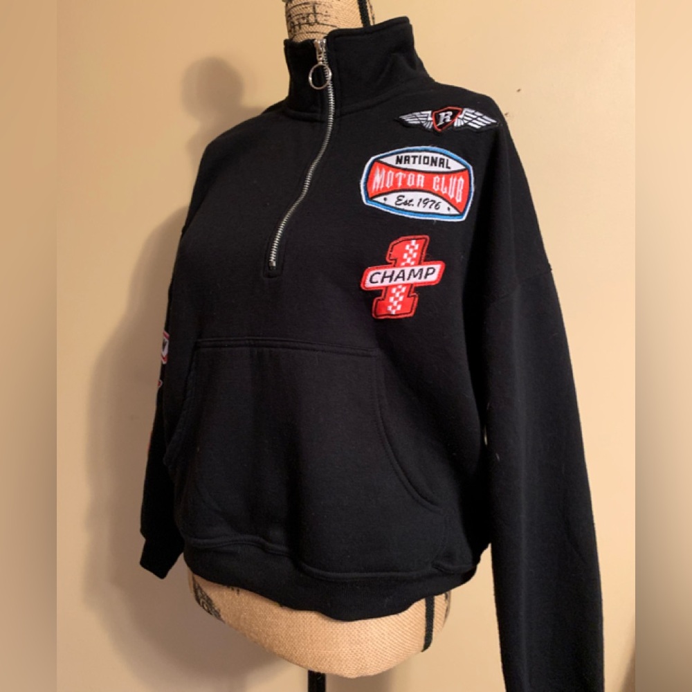 VINYL ICON 60% cotton black 1/4 zip racing embroidered sweatshirt VGUC S…